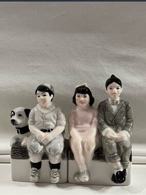 Porcelain Sitting Children and Dog Figurine - Pink, White, Gray